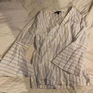 White blouse V-neck blue stripes long sleeve size small